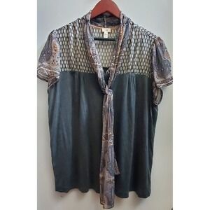 Anthropologie TINY Joy Blouse L Gray/Ochre/Ivory Rayon TieNeck Paisley Geo Solid